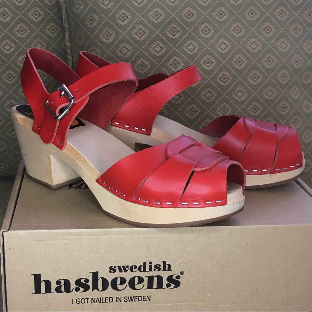 Swedish Hasbeens Toffel Red Clogs Sling Back Sandals Wooden sz 39